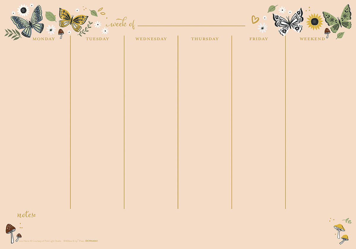 Weekly desk calendar pad with vibrant butterfly and floral artwork on a peach background, showing sections for Monday to Weekend and notes. Features blue, yellow, black, and green butterflies, sunflowers, daisies, and mushrooms, perfect for daily planning and organization.