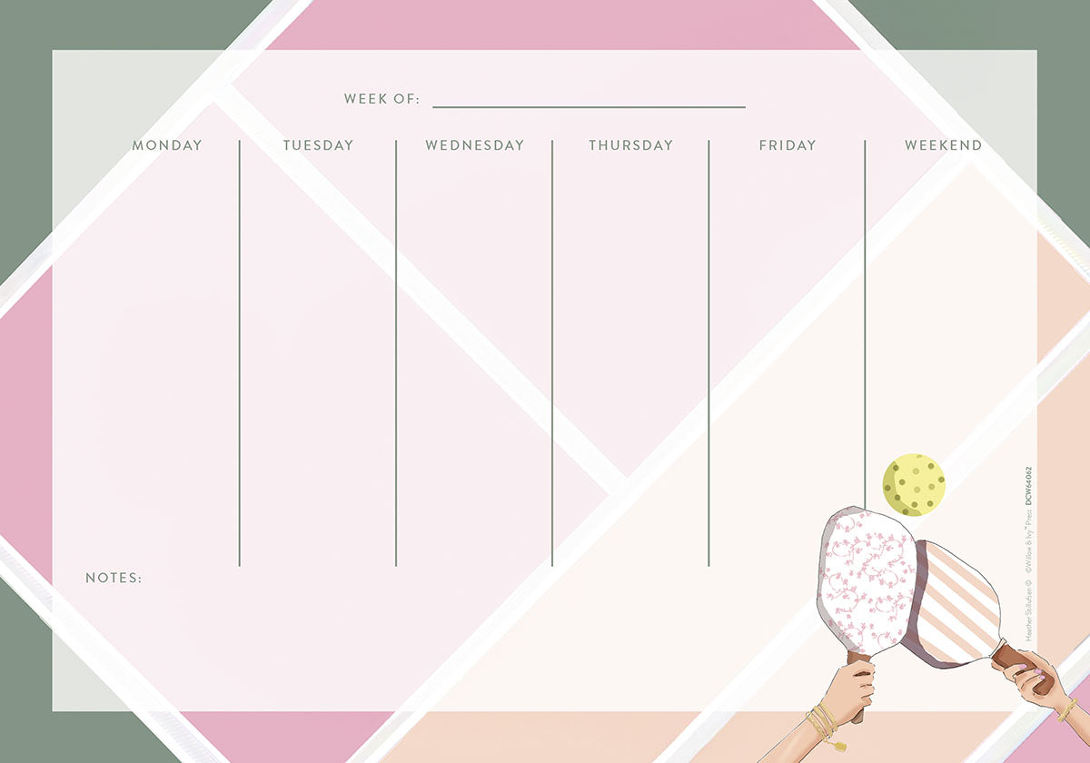 Vibrant weekly desk calendar and planner with a pickleball theme. Features include daily sections for Monday to Weekend, a dedicated notes area, and a playful design showcasing hands holding pickleball paddles hitting a ball against a stylish pink, green, and white geometric background. Perfect for organizing schedules and activities.