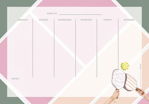 Vibrant weekly desk calendar and planner with a pickleball theme. Features include daily sections for Monday to Weekend, a dedicated notes area, and a playful design showcasing hands holding pickleball paddles hitting a ball against a stylish pink, green, and white geometric background. Perfect for organizing schedules and activities.