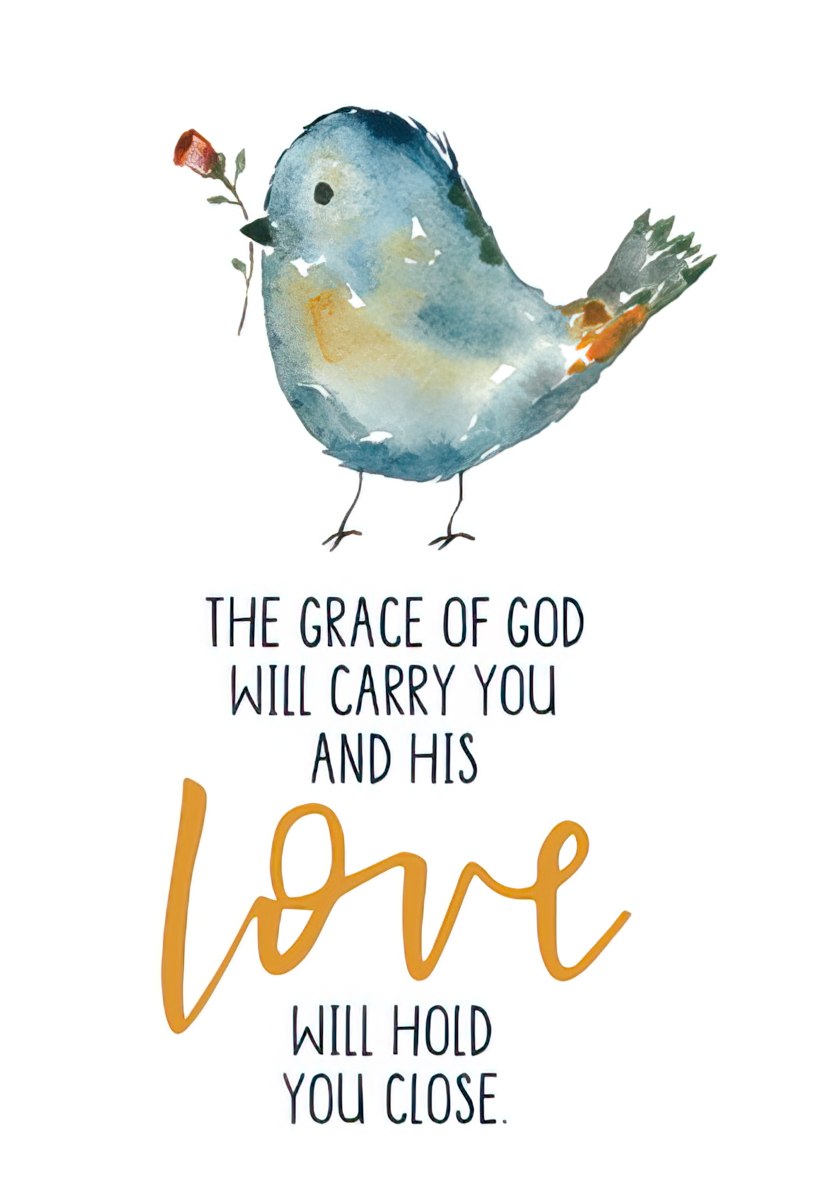 Watercolor blue bird magnet with a red rose and inspiring religious quote 'The Grace of God Will Carry You And His Love Will Hold You Close', perfect for spiritual home decor or a thoughtful Christian gift.