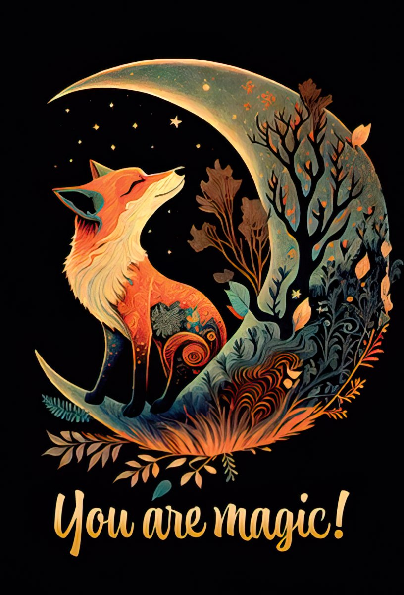 SEO-optimized alt text for a fox and moon magnet featuring an ornate orange fox on a crescent moon amidst stars and stylized trees, with the inspiring text 'You are magic!'. Perfect whimsical home decor and an inspirational gift.