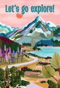 Vibrant 'Let's go explore!' magnet featuring a colorful abstract mountain landscape, winding road, blue lake, green trees, and purple flowers under a pink sky, perfect for nature lovers and travel enthusiasts.