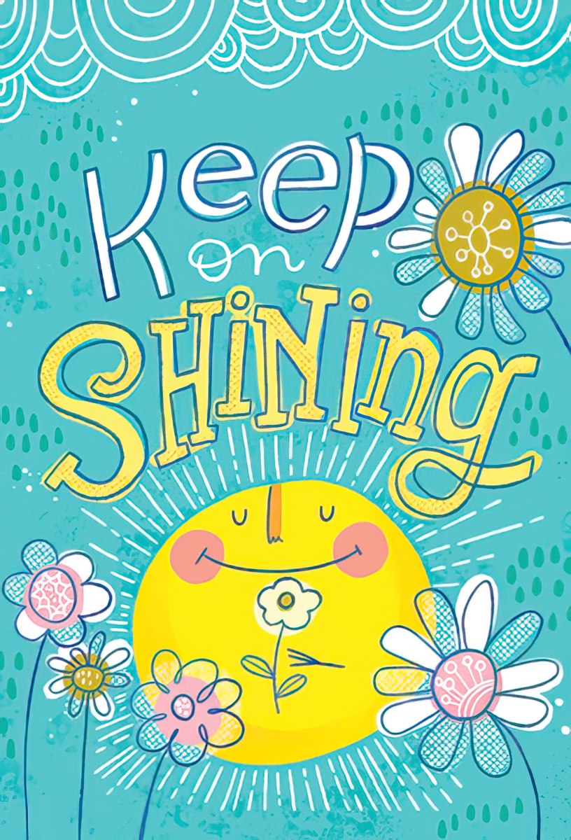 A cheerful magnet with 'Keep on Shining' text, featuring a smiling yellow sun with pink cheeks and whimsical flowers on a teal background.