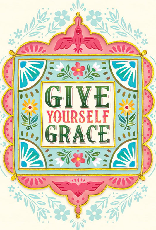 Colorful 'Give Yourself Grace' magnet with folk art floral border and bird design, ideal for inspirational home decor.