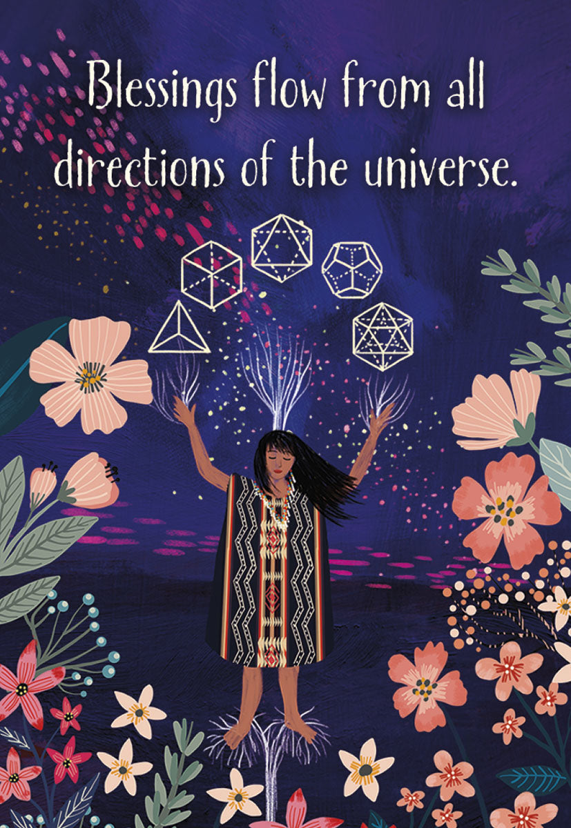 Inspirational magnet with vibrant illustration of a woman rooted in nature, arms raised towards sacred geometry shapes (Platonic solids) and cosmic energy, surrounded by colorful flowers, text reads 'Blessings flow from all directions of the universe'.