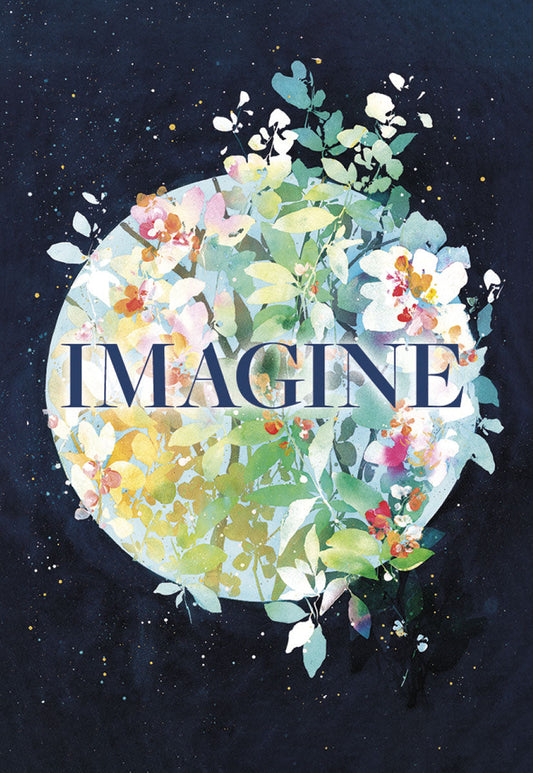 Imagine Floral World Magnet featuring a watercolor design of colorful flowers and leaves on a dark, starry background.