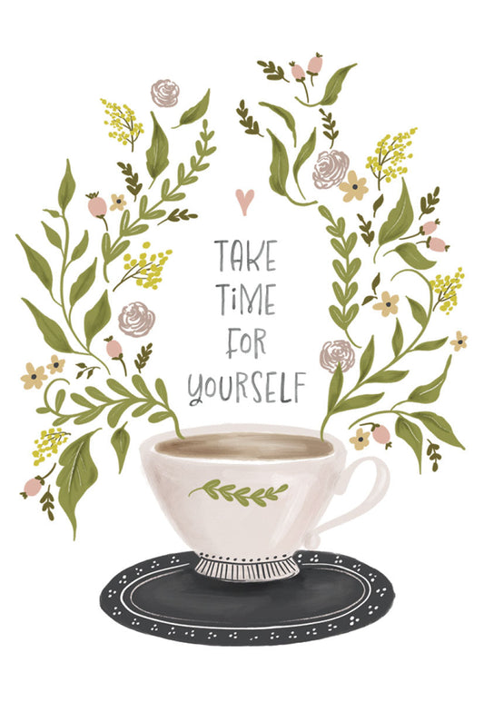 Decorative magnet with a teacup, 'Take Time for Yourself' text, and green and pink floral illustration.