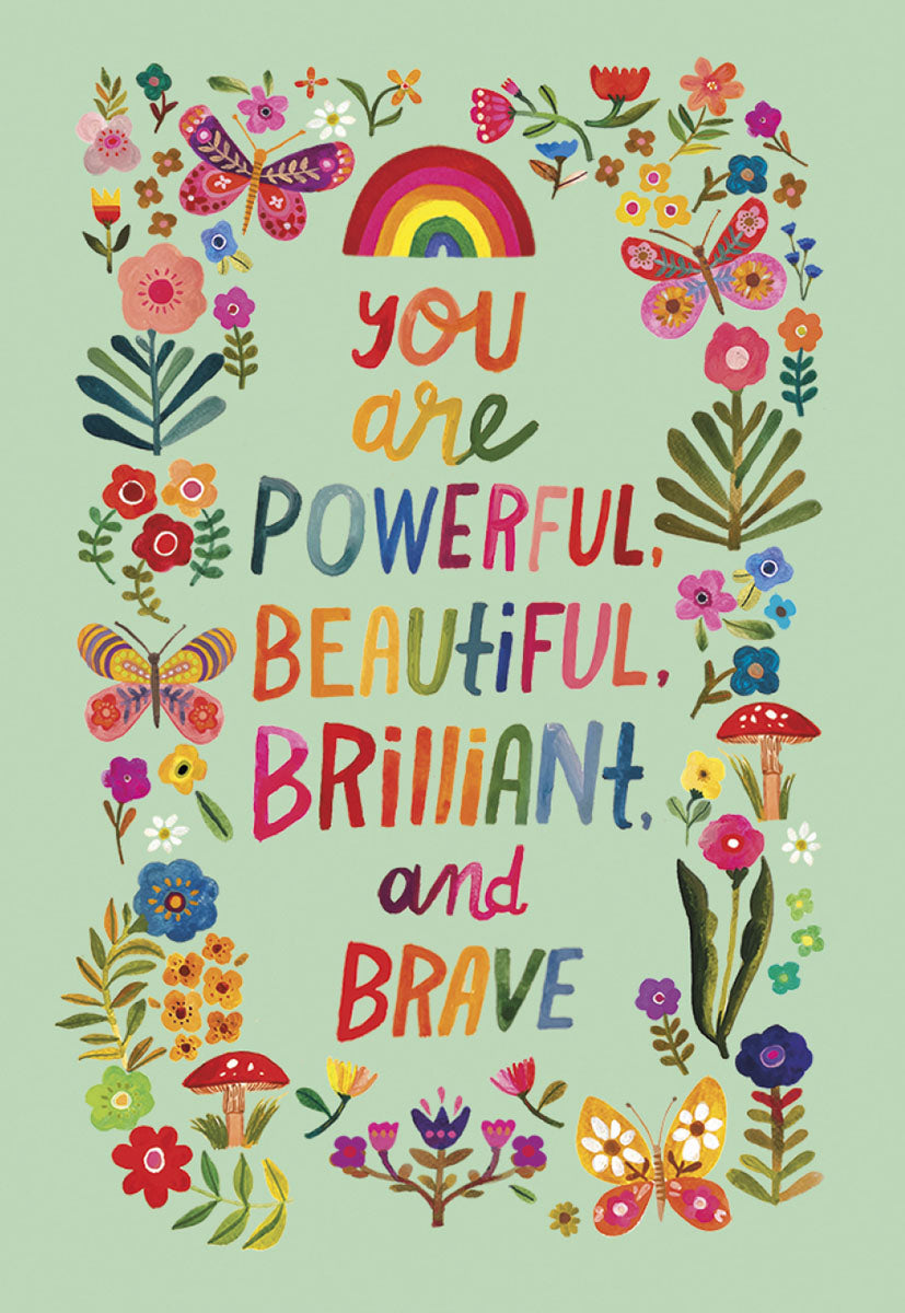 Colorful magnet with 'You are powerful, beautiful, brilliant, and brave' text, surrounded by vibrant butterflies, flowers, and a rainbow on a soft green background, ideal for kids' rooms or lockers.
