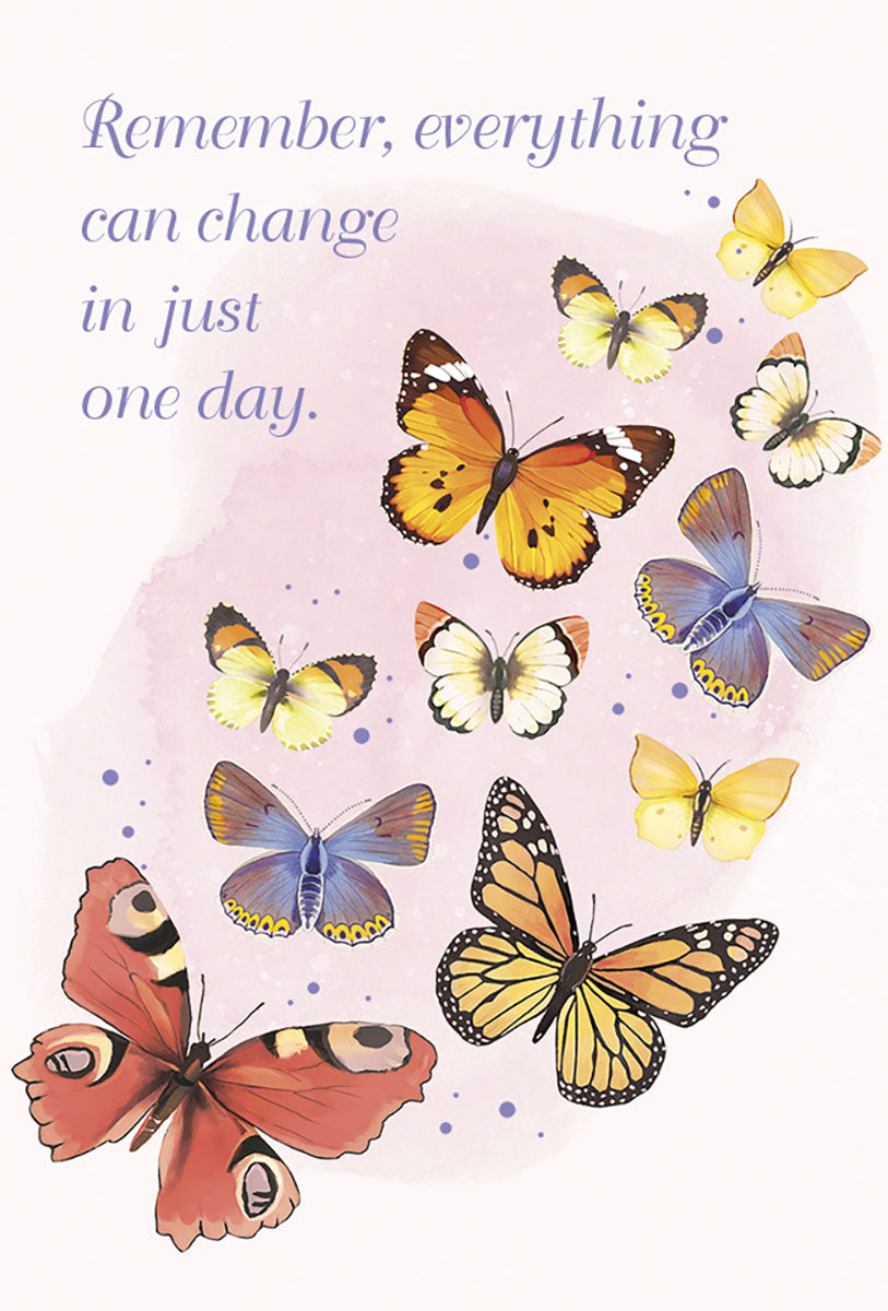 Inspirational butterfly magnet featuring diverse colorful butterflies on a soft pink watercolor background with the motivating quote 'Remember, everything can change in just one day.'