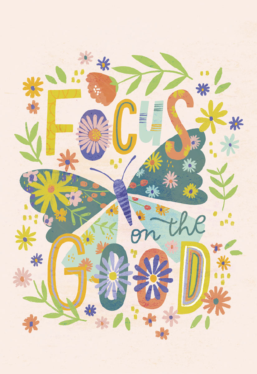 Vibrant refrigerator magnet featuring 'Focus on the Good' text in colorful, floral letters, surrounded by cheerful blossoms and a beautiful butterfly with patterned wings, promoting daily positivity and mindfulness.