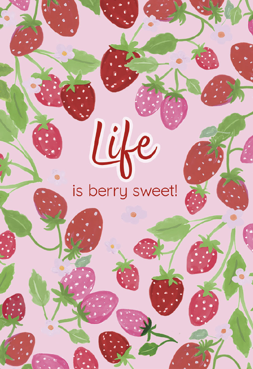 Vibrant strawberry pattern magnet with 'Life is berry sweet!' text on a soft pink background, ideal for kitchen or office decor.