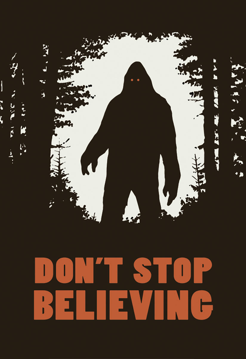 Funny Bigfoot silhouette magnet with glowing red eyes in a dark forest setting, featuring the motivational phrase 'DON'T STOP BELIEVING' in orange text. Perfect novelty fridge decor for cryptid fans and optimists.