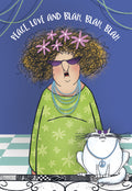 Humorous magnet featuring a sassy cartoon woman with big, curly golden hair, purple sunglasses, and pink flowers in her hair. She wears a green floral dress and blue beaded necklaces. Next to her is a fluffy white cat with purple sunglasses and a blue peace sign necklace. The text 'PEACE, LOVE AND BLAH, BLAH, BLAH' is written above them on a vibrant blue background, with green beaded lines.