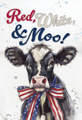Vibrant watercolor magnet featuring a black and white cow wearing a red, white, and blue American flag bow. Text reads 'Red, White & Moo!', perfect for patriotic farm animal decor.