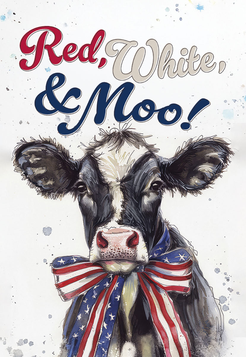 Vibrant watercolor magnet featuring a black and white cow wearing a red, white, and blue American flag bow. Text reads 'Red, White & Moo!', perfect for patriotic farm animal decor.