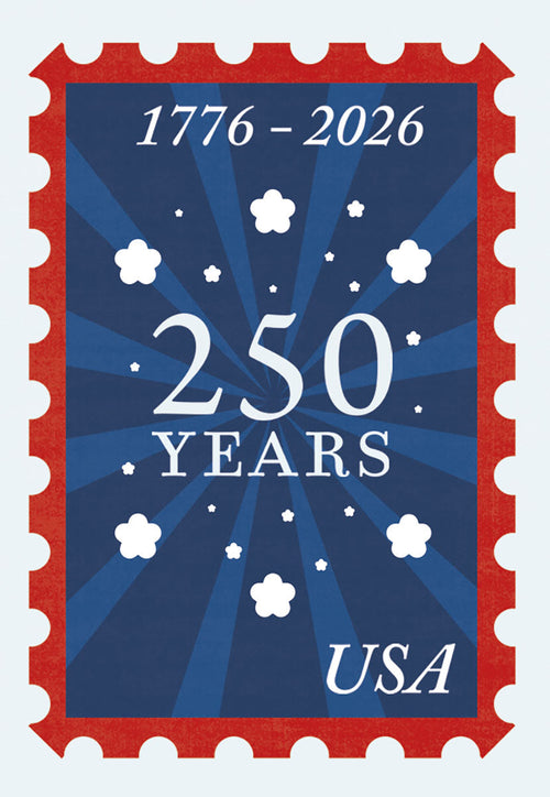 Rectangular magnet designed to look like a red, white, and blue US postage stamp commemorating 250 years of American independence, featuring '1776-2026', '250 YEARS', and 'USA' text with patriotic stars.