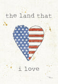 Patriotic American flag heart magnet with 'the land that i love' text, distressed vintage style, perfect for fridge or locker decor.