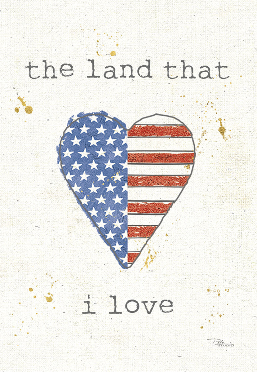 Patriotic American flag heart magnet with 'the land that i love' text, distressed vintage style, perfect for fridge or locker decor.