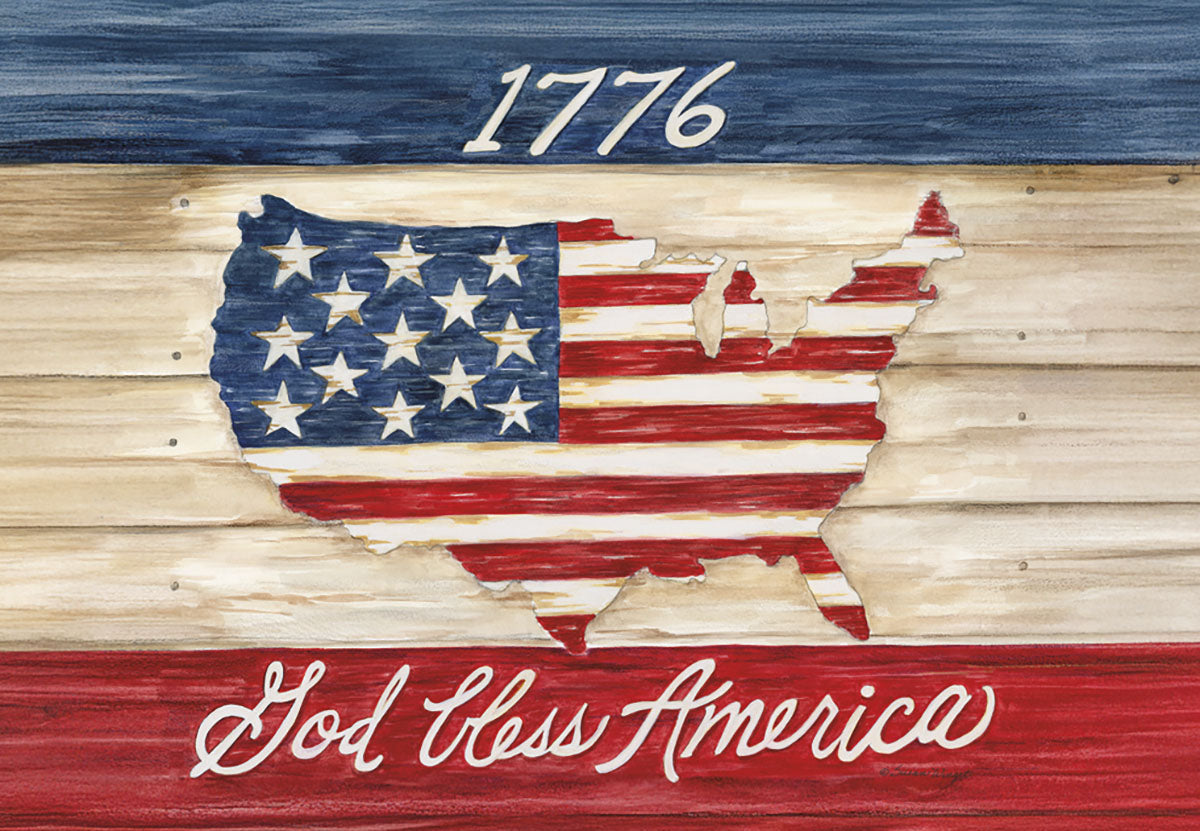Distressed wooden patriotic magnet featuring the map of the United States filled with the American flag, the year '1776' above, and 'God Bless America' below, all against a rustic wood-grain background in red, white, and blue tones, ideal for fridge decor.