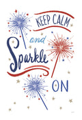 Vibrant 'Keep Calm and Sparkle On' refrigerator magnet with red, white, and blue sparkler designs and golden stars on a white background. Features a cheerful, inspirational message in a brushstroke script font, perfect for home decor or as an encouraging gift.