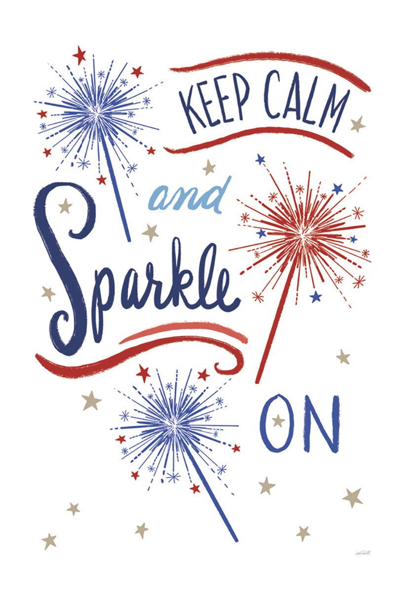 Vibrant 'Keep Calm and Sparkle On' refrigerator magnet with red, white, and blue sparkler designs and golden stars on a white background. Features a cheerful, inspirational message in a brushstroke script font, perfect for home decor or as an encouraging gift.