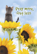 Cute gray tabby cat perched on a vibrant yellow sunflower, gazing skyward at a blue sky with faint fish shapes, alongside the inspirational text 'Pray more, fret less.' Inspirational magnet design.