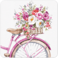 Watercolor art coaster featuring a pink vintage bicycle with a rustic basket overflowing with colorful roses and assorted flowers, ideal for protecting tabletops.