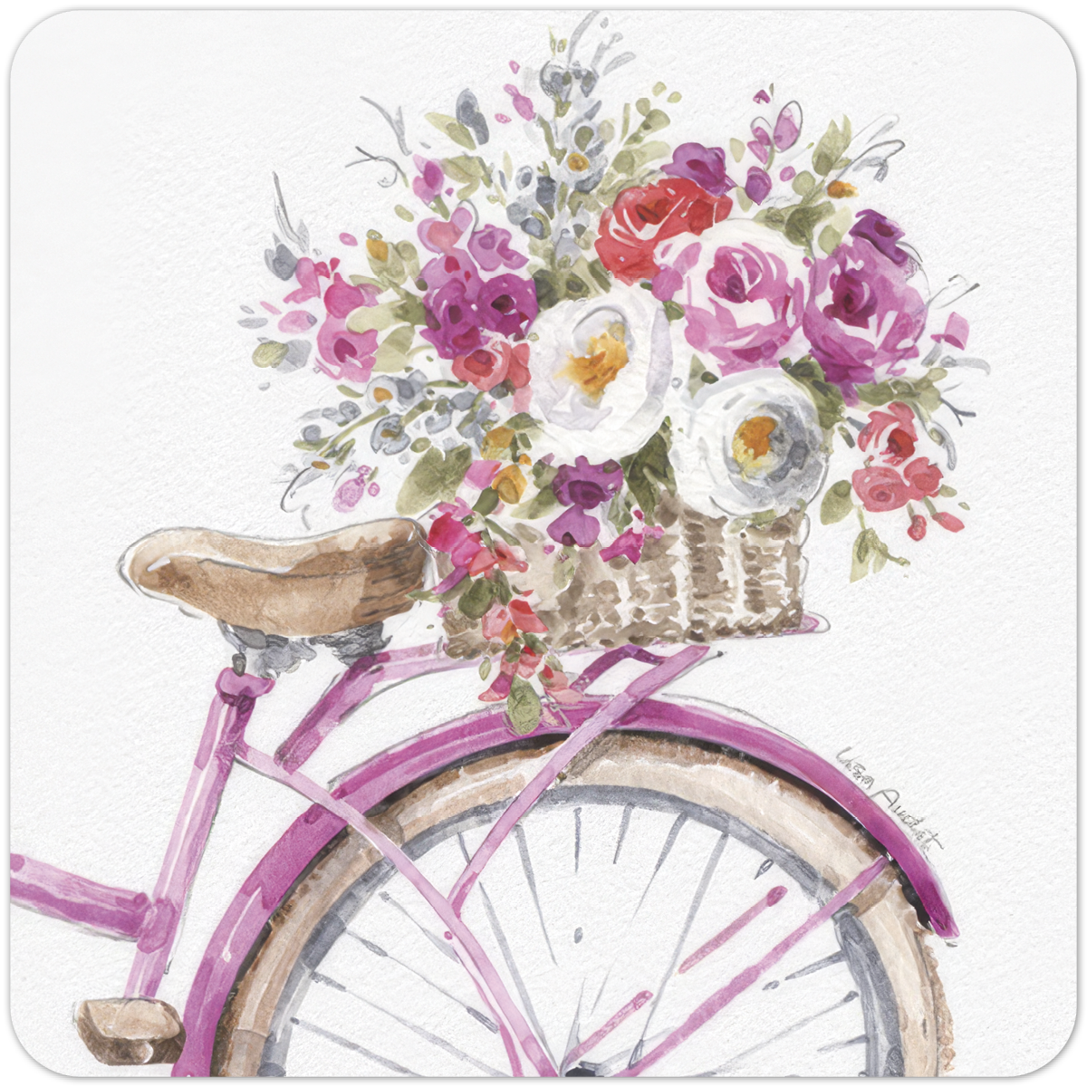 Watercolor art coaster featuring a pink vintage bicycle with a rustic basket overflowing with colorful roses and assorted flowers, ideal for protecting tabletops.
