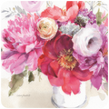 Exquisite watercolor floral coaster depicting a vibrant bouquet of pink peonies, rich red ranunculus, and delicate white and purple flowers, perfect for elegant home decor and protecting surfaces.