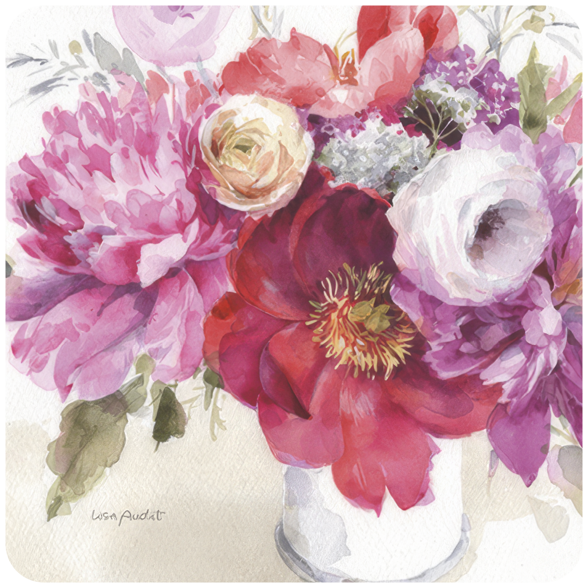 Exquisite watercolor floral coaster depicting a vibrant bouquet of pink peonies, rich red ranunculus, and delicate white and purple flowers, perfect for elegant home decor and protecting surfaces.