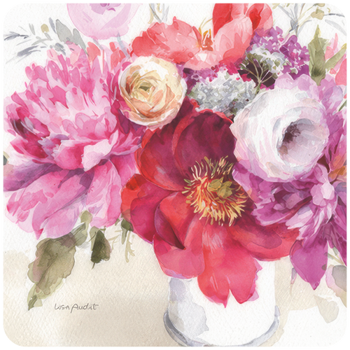 Exquisite watercolor floral coaster depicting a vibrant bouquet of pink peonies, rich red ranunculus, and delicate white and purple flowers, perfect for elegant home decor and protecting surfaces.