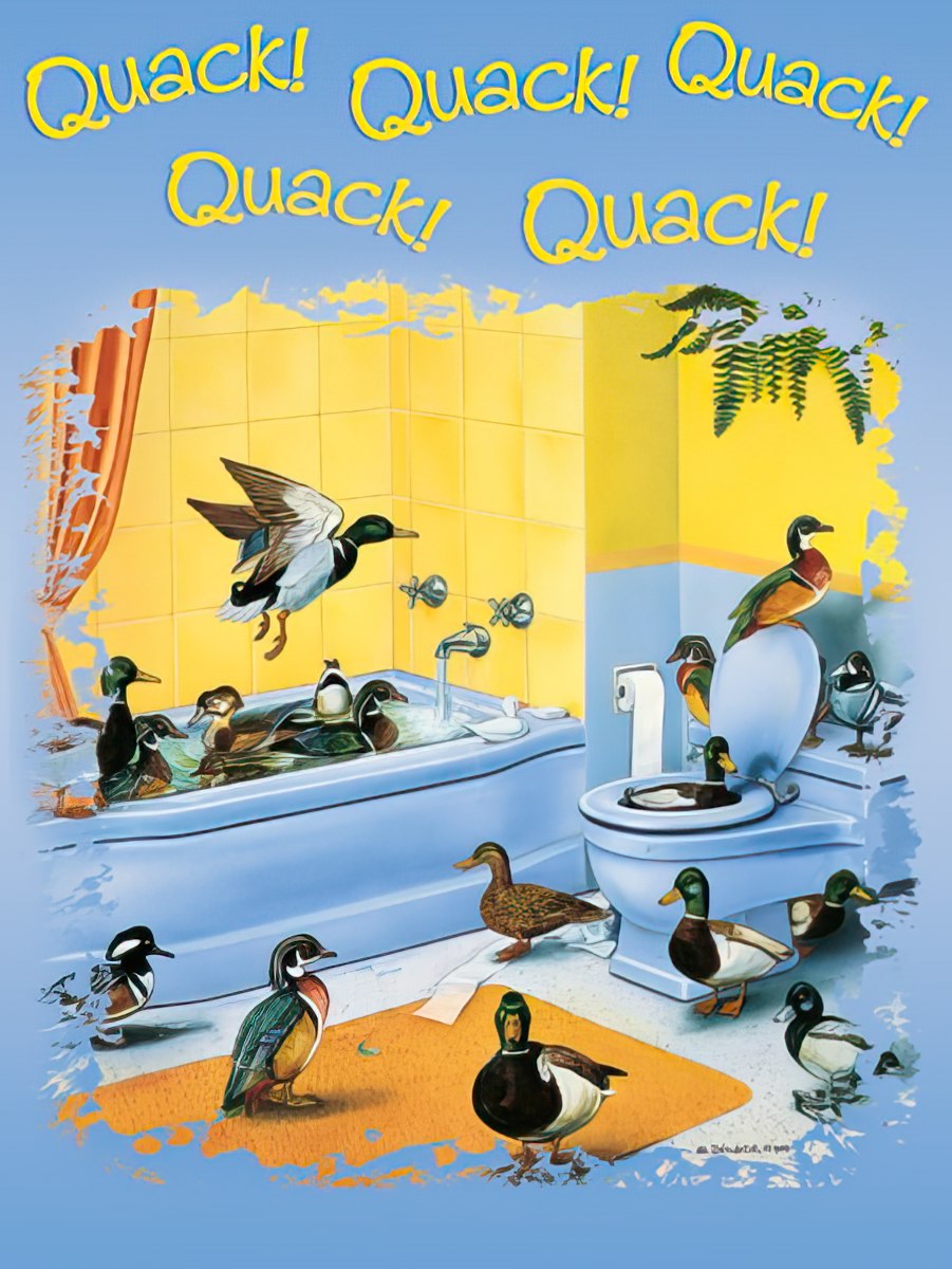 Humorous greeting card cover showing numerous ducks having fun in a yellow bathroom, some in the tub, others around the toilet. Text reads 'Quack! Quack! Quack!'