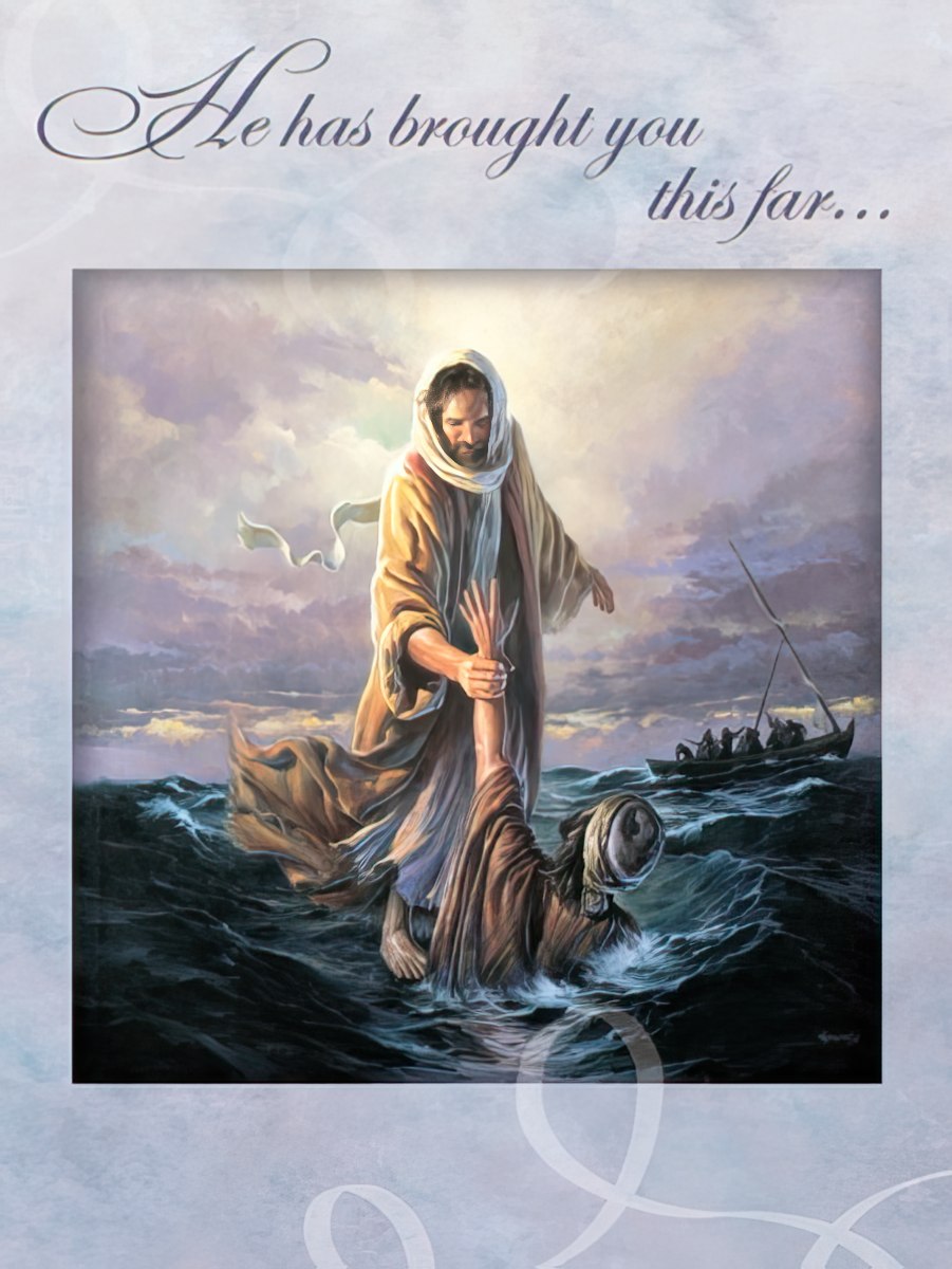 Jesus reaching out to save a person in stormy waters, representing divine intervention and hope. Inspiring Christian greeting card.