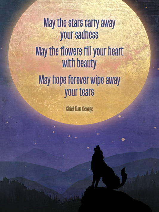 Majestic wolf silhouette howling at a large, golden full moon with an inspiring quote by Chief Dan George in a serene night landscape.