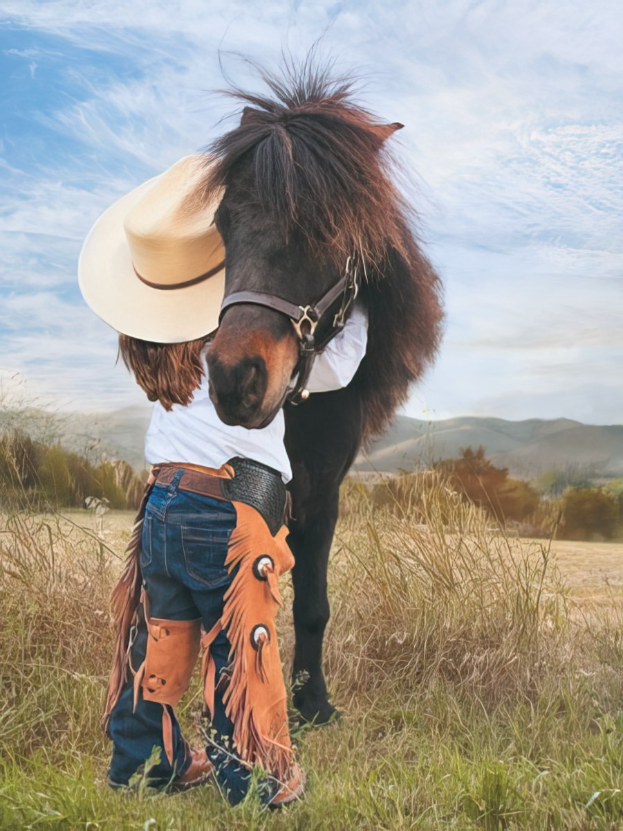 Adorable child in cowboy hat and chaps hugging a pony in a grassy field under a cloudy sky, conveying warmth and comfort.
