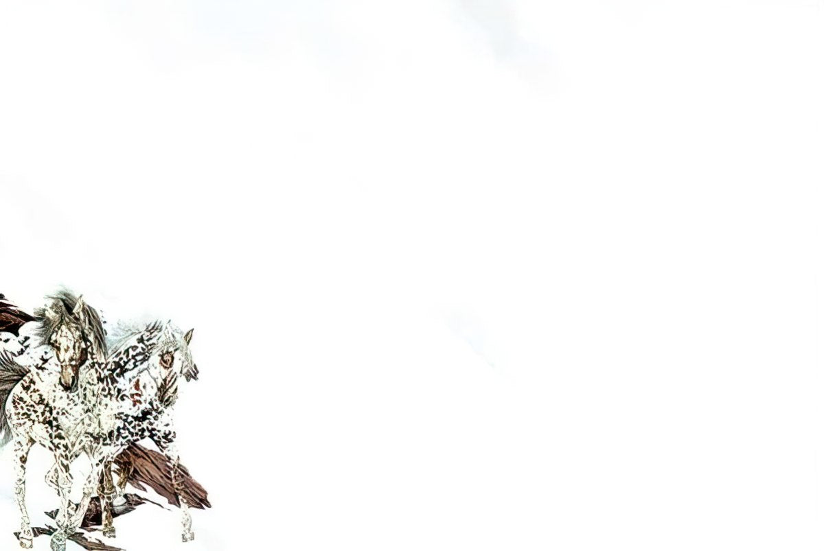 Full view of the blank greeting card displaying the intricate artwork of two painted ponies in snow, ready for a personalized message.