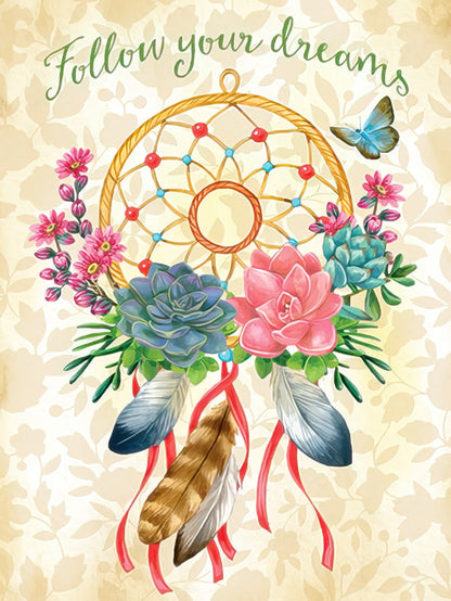 Front of 'Follow Your Dreams' encouragement card featuring a dreamcatcher with succulents, feathers, and a butterfly.