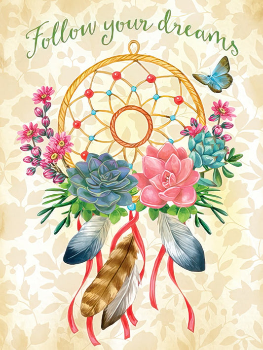 Front of 'Follow Your Dreams' encouragement card featuring a dreamcatcher with succulents, feathers, and a butterfly.