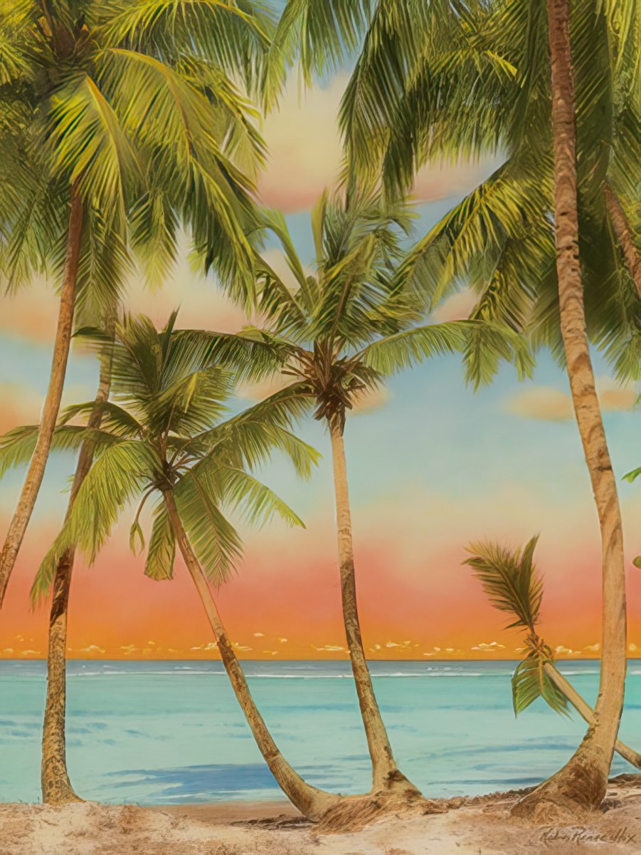 Vibrant tropical beach greeting card showing palm trees against a sunset sky over a tranquil turquoise ocean, perfect for celebratory wishes.