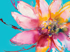 Vibrant abstract floral greeting card featuring watercolor pink, yellow, and blue petals on a striking turquoise background, perfect for a joyful celebration.