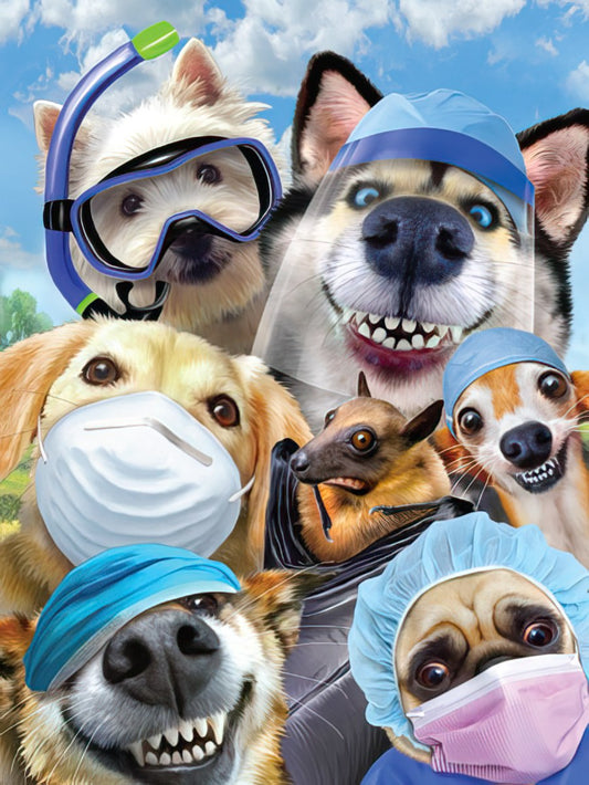 Funny animal greeting card cover with dogs, pug, and bat wearing masks and scrubs, sending smiles.