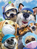 Funny friendship greeting card featuring a group of dogs and a bat wearing medical masks, surgical caps, face shields, and a snorkel against a blue sky, designed to bring smiles and cheer to a friend.
