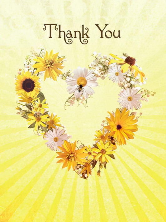 Front of a Thank You greeting card with a heart-shaped floral arrangement of yellow and white daisies and sunflowers on a radiant yellow background.