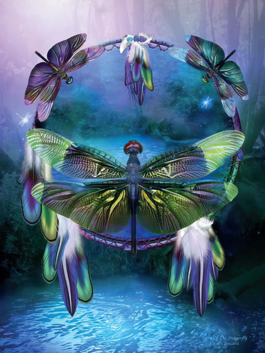 Vibrant dragonfly art on a blank greeting card, featuring a central large dragonfly, smaller ones, and a dreamcatcher-inspired circle.