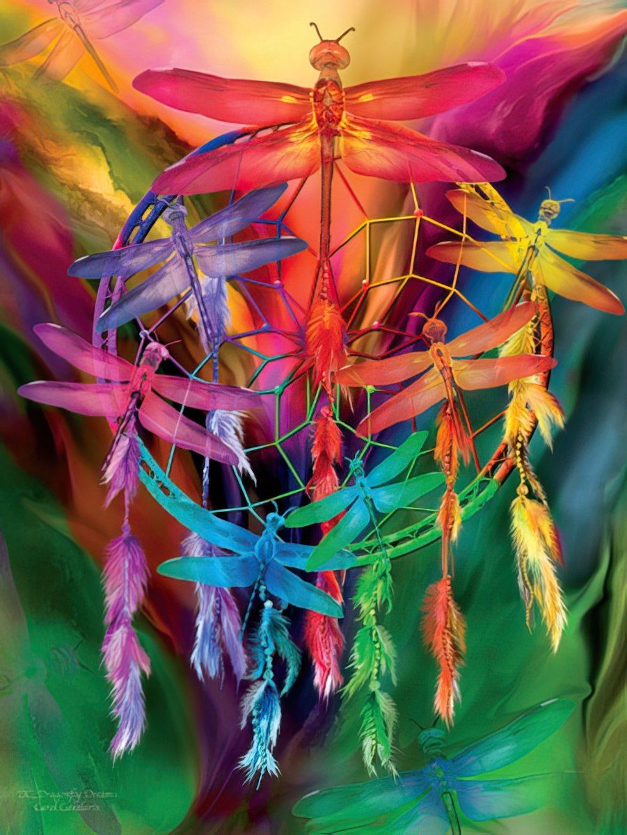 Vibrant rainbow dragonflies gracefully integrated into a colorful dreamcatcher, symbolizing hope, dreams, and transformation.