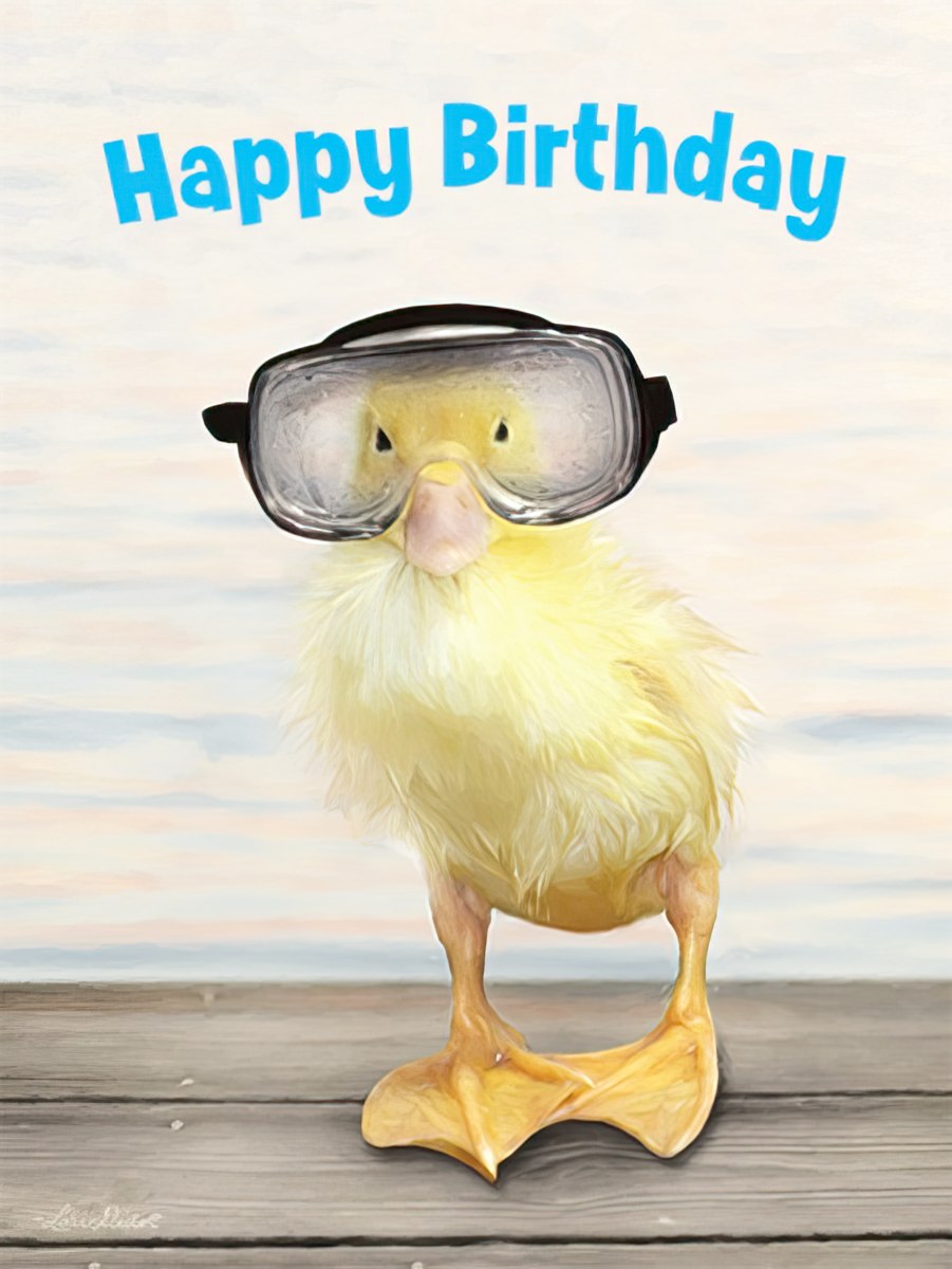 Front of a cute birthday card featuring a duckling wearing swim goggles and standing on a wooden pier with 'Happy Birthday' text.