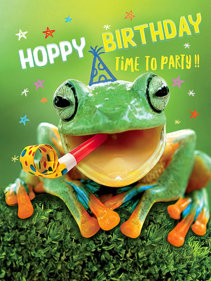 Front of a 'Hoppy Birthday' card showing a cheerful frog wearing a party hat and blowing a party favor, surrounded by stars.