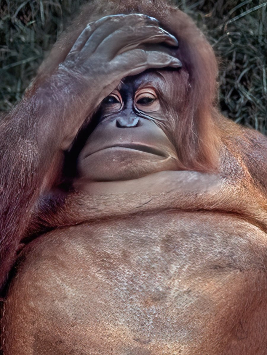 Front of a funny birthday card featuring an orangutan covering its face with text 'HOW THE HELL DID WE GET THIS OLD???'.