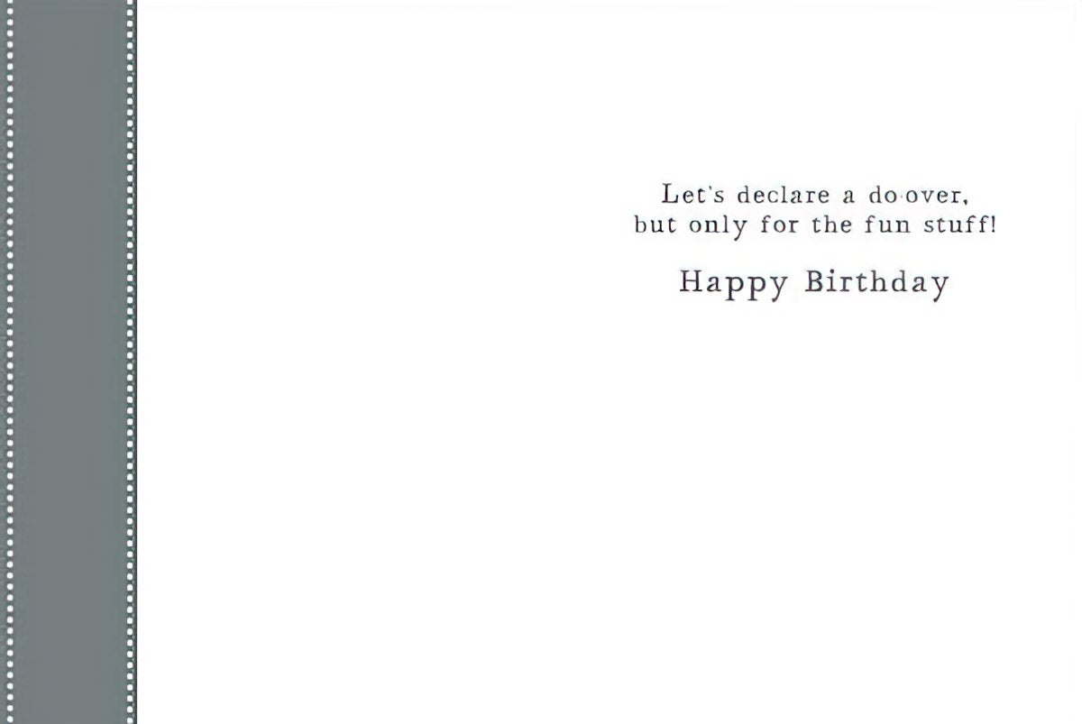Inside of the panda birthday card, with a playful message 'Let's declare a do over, but only for the fun stuff! Happy Birthday'.