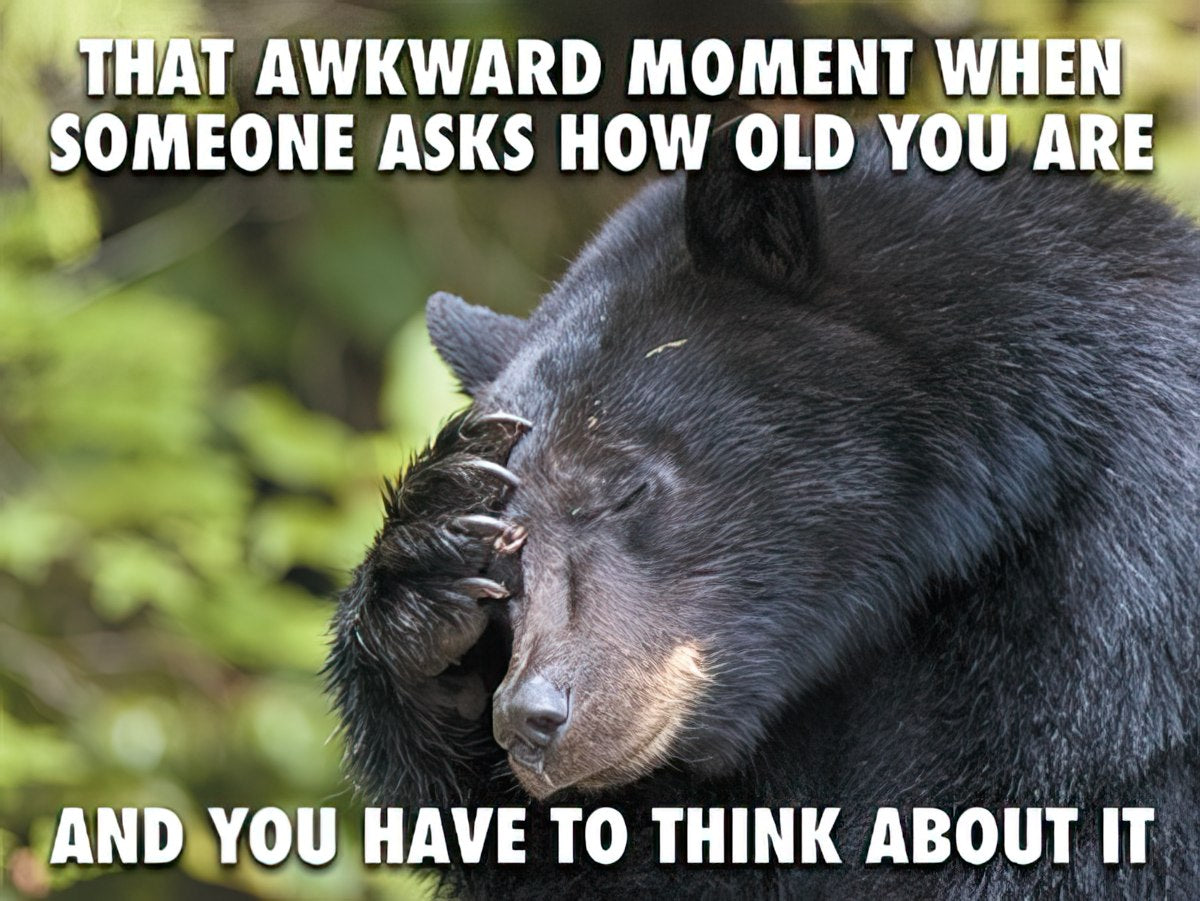Front of a relatable birthday card featuring a black bear covering its face, with text about 'THAT AWKWARD MOMENT WHEN SOMEONE ASKS HOW OLD YOU ARE'.